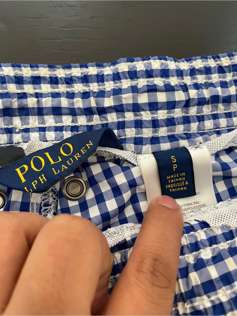 Polo Ralph Lauren Men's Blue and White Gingham Swim Trunks with Yellow Logo